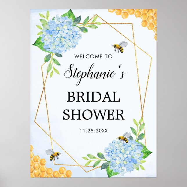 Póster Hidrangea azul geométrica Honey Bee Bridal Shower (Frente)