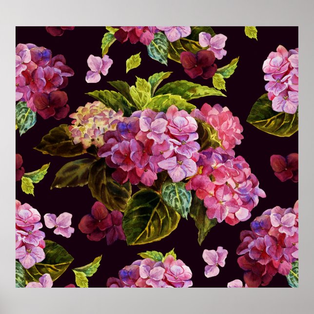 Póster Hidrangea, patrón floral oscuro y sin fisuras. (Frente)