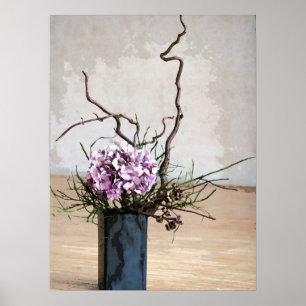 Póster Hidrangea y acuarela de la base de madera