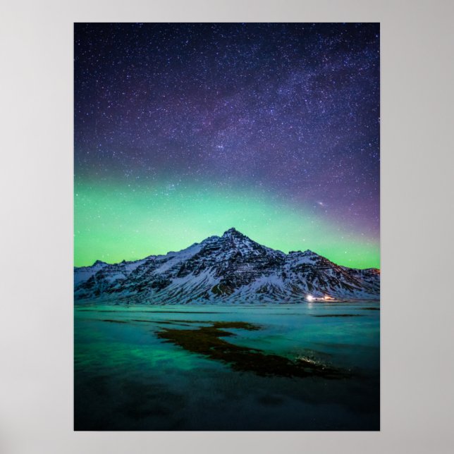 Póster Hielo y nieve | Aurora Borealis Vía Láctea Islandi (Frente)