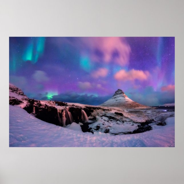 Póster Hielo y nieve | Luces boreales, Montaña Kirkjufall (Frente)