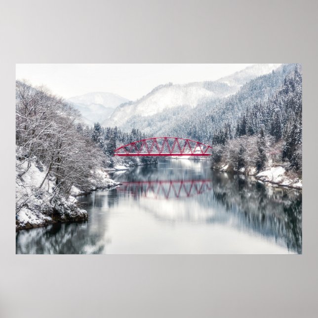 Póster Hielo y nieve | Puente rojo en invierno, Japón (Frente)