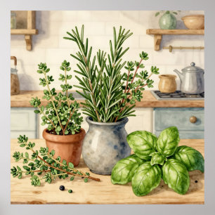 Póster Hierbas frescas de cocina acuarela 