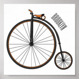 Póster High wheel bicycle cartoon illustration