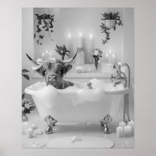 Póster Highland Cow Bubble Bath Bathroom Black and White