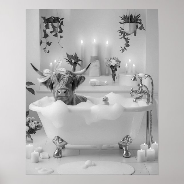Póster Highland Cow Bubble Bath Bathroom Black and White (Frente)