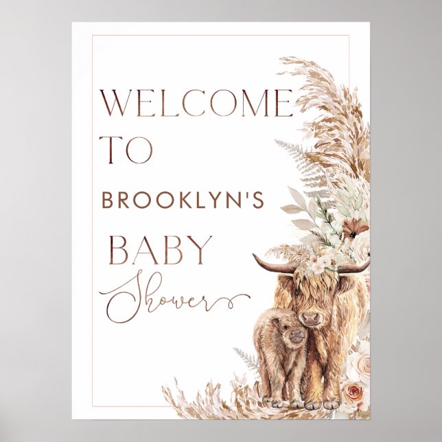 Póster Highland Cow Calf Floral Frame Baby Shower Welcome (Frente)