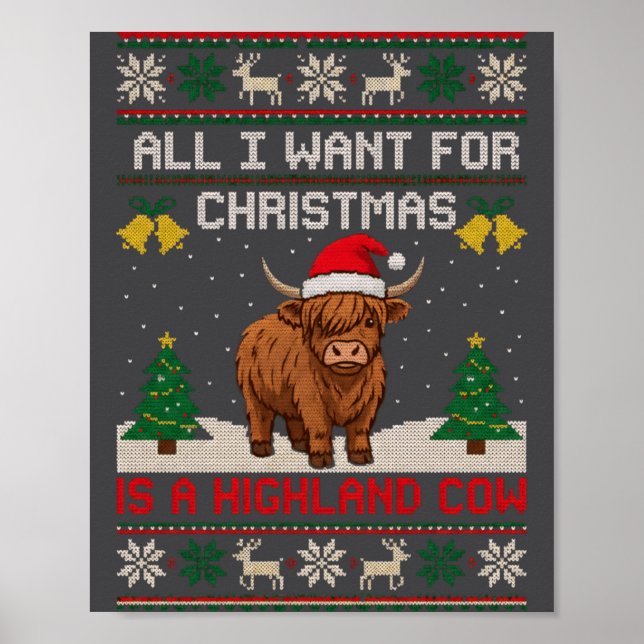 Póster Highland Cow Christmas Ugly Sweater Style Festive  (Frente)