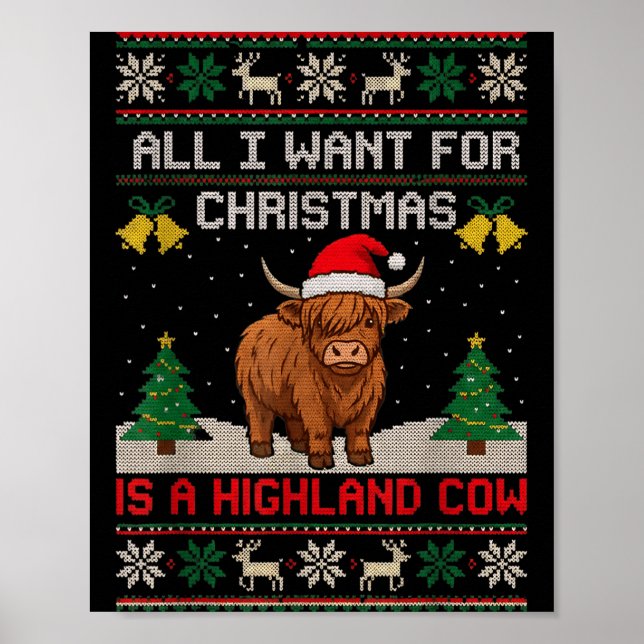 Póster Highland Cow Christmas Ugly Sweater Style Festive  (Frente)