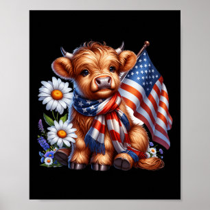 Póster Highland Cow Florals 4 De Julio Bandera Estadounid