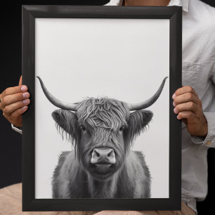 Póster Highland Cow Head Portrait  Black white    