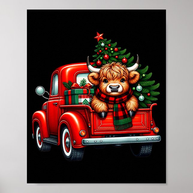 Póster Highland Cow In Truck Farm Farmer Christmas Cow Ca (Frente)