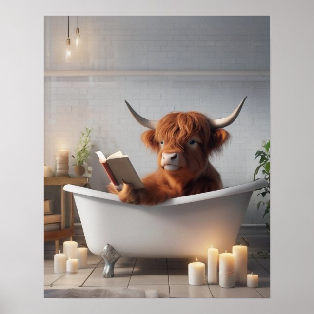 Póster Highland Cow leyendo en un divertido baño con bañe (Frente)