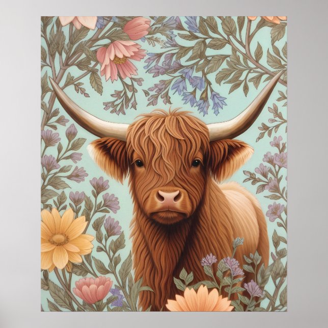 Póster Highland Cow Pastel William Morris Inspired Floral (Frente)