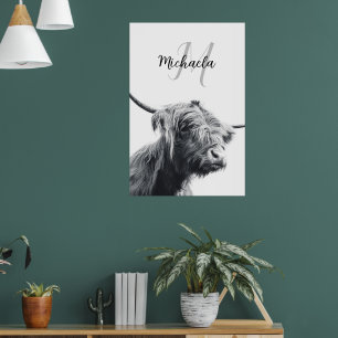 Póster Highland cow portrait initial monogram black white