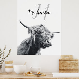 Póster Highland cow portrait initial monogram black white