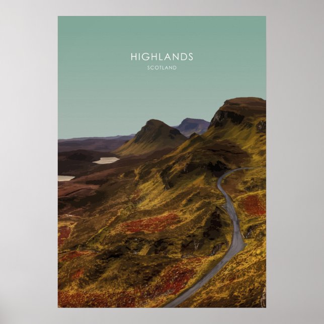 Póster Highlands, Ilustracion de viajes de Escocia (Frente)