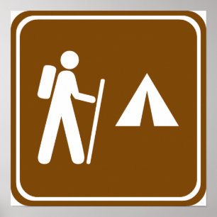 Póster Hiking Trail with Camping Highway Sign