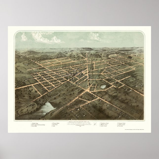 Póster Hillsdale, Mapa Panorámico MI - 1866 (Frente)