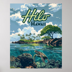 Póster Hilo Hawaii Gran Isla Turtle Beach Vintage