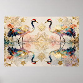 Póster Himmlische Kraniche in Harmonie - Wasserfarben