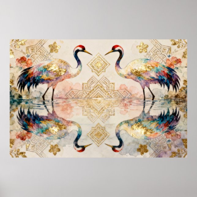 Póster Himmlische Kraniche in Harmonie - Wasserfarben  (Frente)