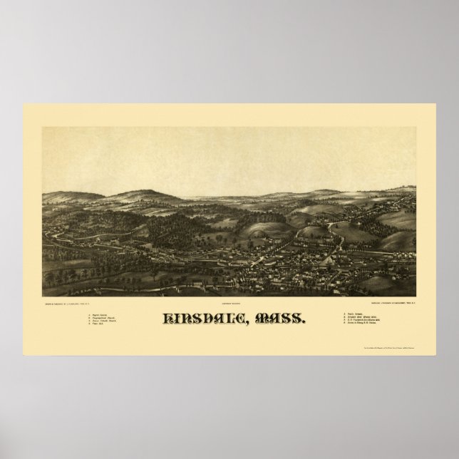 Póster Hinsdale, MAMÁES Mapa Panorámico - 1887 (Frente)