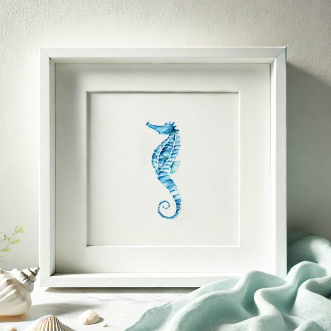 Póster Hipoahoría marino de color azul (Watercolor paintings by Victoria Grigaliunas seahorse print in shades of blue.)