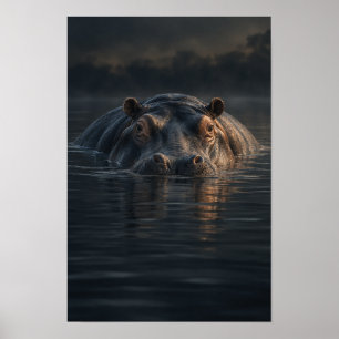 Póster Hipopótamo Descansando en Agua Oscura Pared de Vid