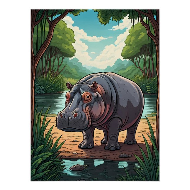Póster Hipopótamo junto al río (Anverso)