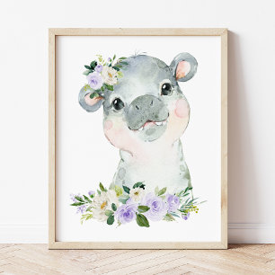 Póster Hipopótamo, Safari, Flores Moradas, Sin Género