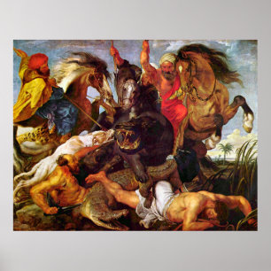 Póster Hipopótamo y caza de cocodrilos, Peter Paul Rubens