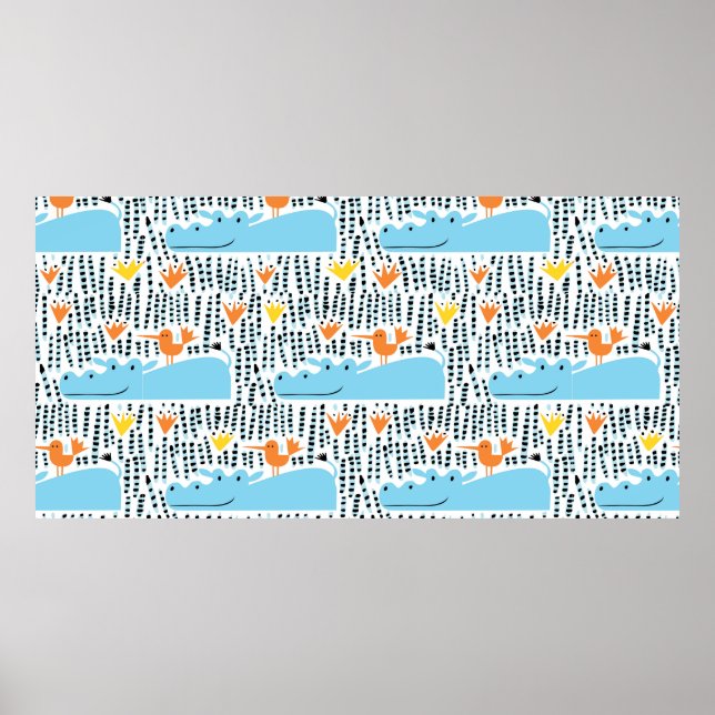 Póster Hipopótamos y aves en el lago vint patrón sin sold (Frente)