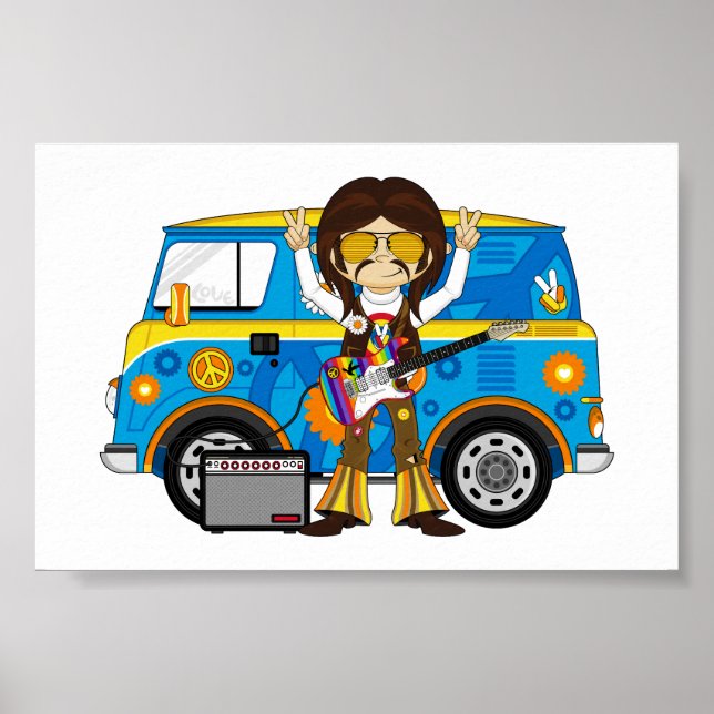 Póster Hippie Boy with Guitar & Camper Van (Frente)