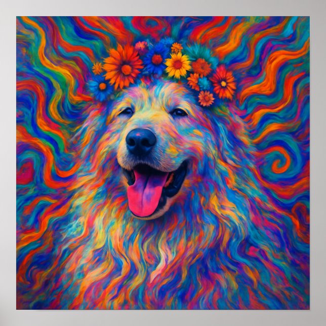 Póster Hippie Happy Great Pyrenees Dog Art Retrato (Frente)