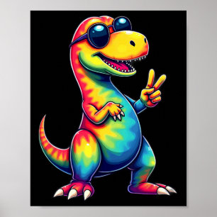 Póster Hippie Tie Dye T-rex Dinosaurio Signo de Paz 