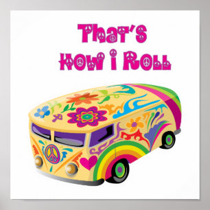 Póster hippie van retro cómo rodar