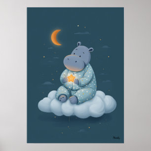 Póster Hippo Adorable en Nube Cuna Hora de Dormir