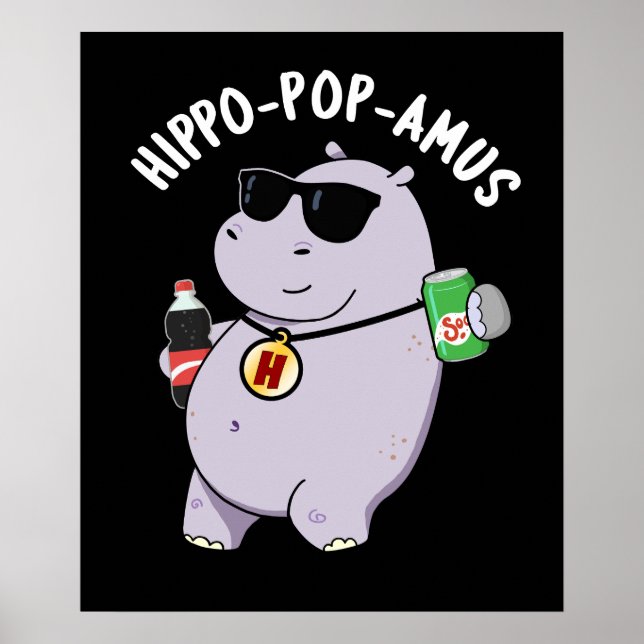 Póster Hippo-pop-amus Funny Hippo Soda Pop Pun Dark BG (Frente)