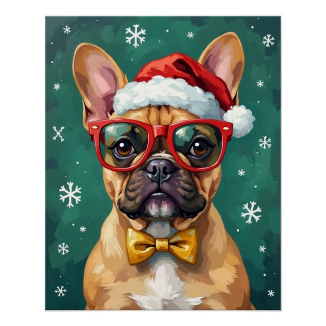 Póster Hipster French Bulldog Santa Glasses Modern  (Anverso)