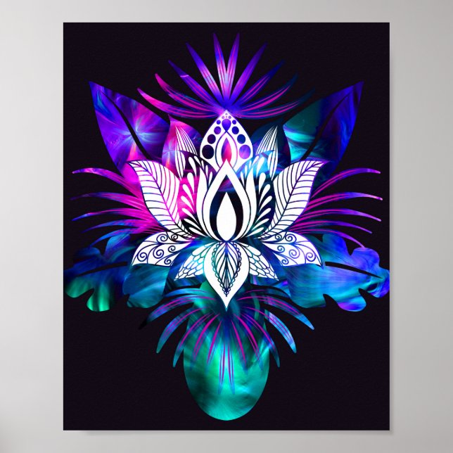 Póster Hipster Retro Tech Teal Purple Lotus Flower Leaf (Frente)