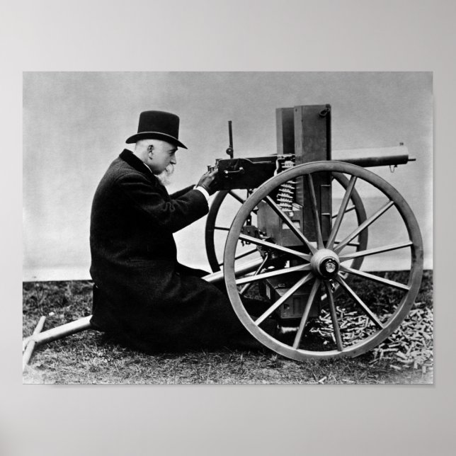 Póster Hiram Maxim disparando su arma maxim - 1884 (Frente)