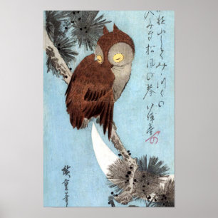 Póster Hiroshige - Horned Owl, Pine, and Crescent Moon