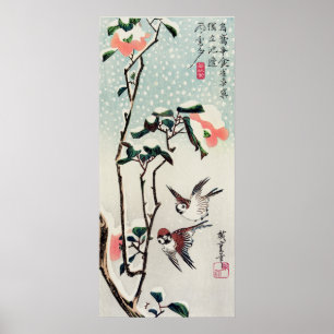 Póster Hiroshige Sparrows y camellias en la nieve