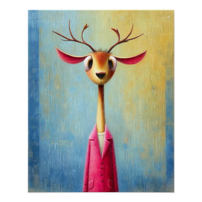 Póster Hirsch Portrait - pinker Mantel - Cartoon Comic  (Anverso)