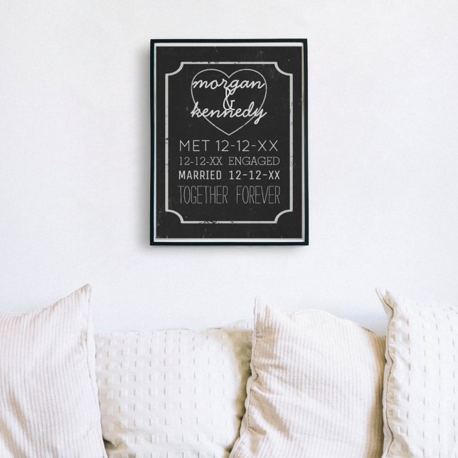 Póster Historia de compromiso de memoria boda en blanco y (Add your own love story dates to this black and white chalkboard style poster)