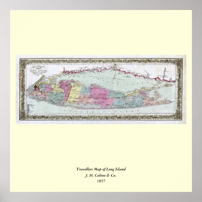 Póster Historic 1855-1857 Travellers Map of Long Island (Frente)
