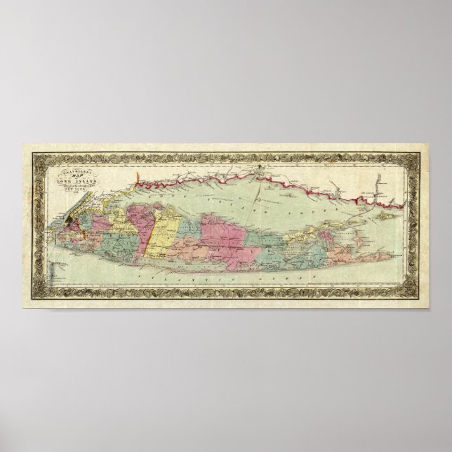 Póster Histórico mapa de viajeros de 1855-1857 de Long Is (Frente)