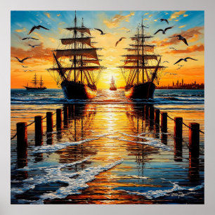 Póster Históricos barcos de altura navegando al atardecer