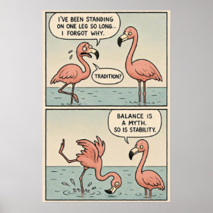 Póster Historieta de flamingo existencial - El equilibrio